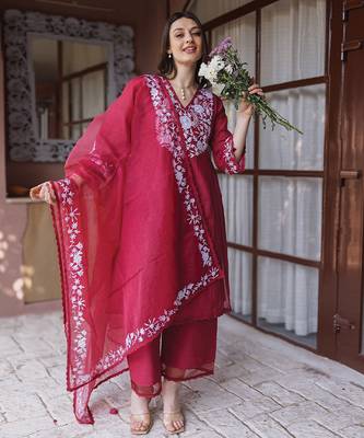 maroon embroidered mul chanderi straight suit set for festive wear 2