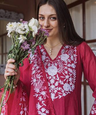 maroon embroidered mul chanderi straight suit set for festive wear 3