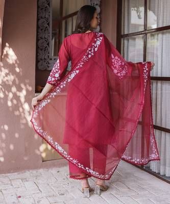 maroon embroidered mul chanderi straight suit set for festive wear 4