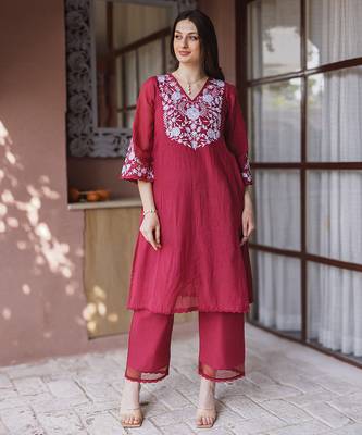 maroon embroidered mul chanderi straight suit set for festive wear 5