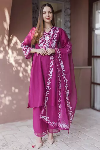 Magenta embroidered mul chanderi straight suit set