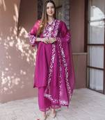 Magenta embroidered mul chanderi straight suit set