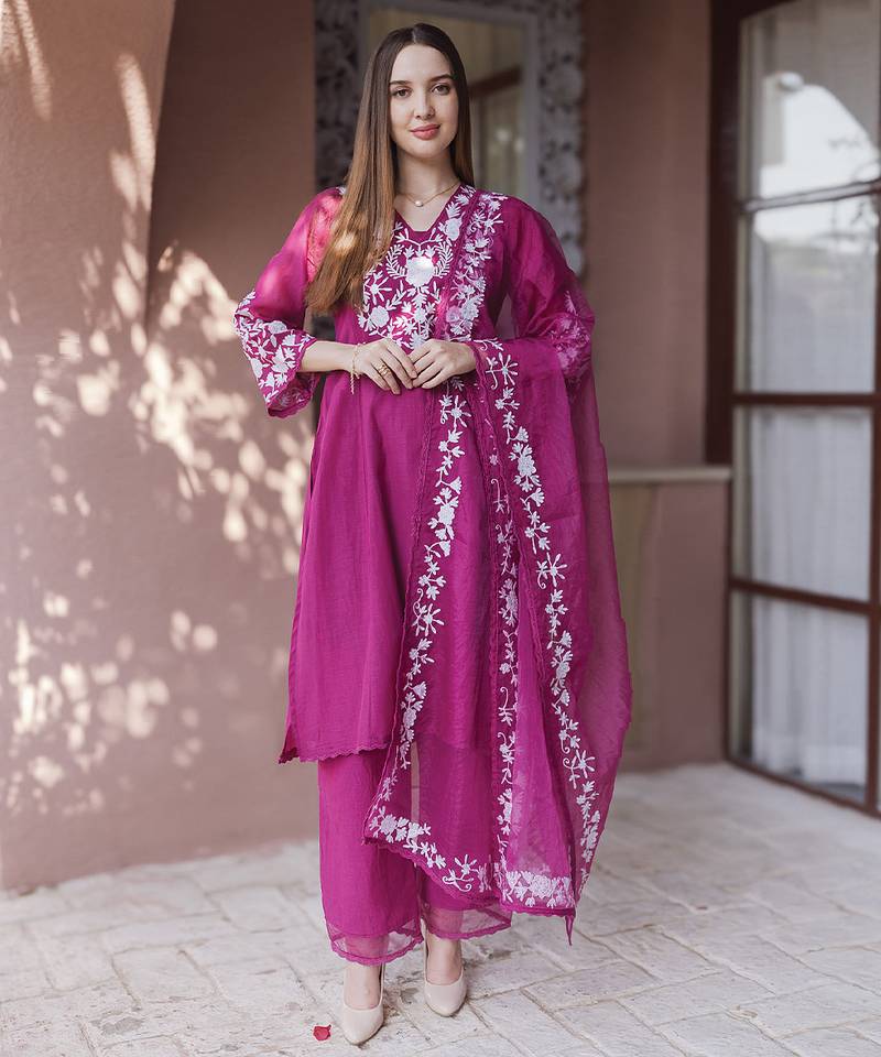 Magenta embroidered mul chanderi straight suit set