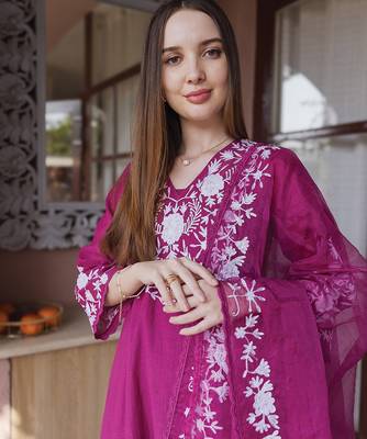 magenta embroidered mul chanderi straight suit set for festive wear 3