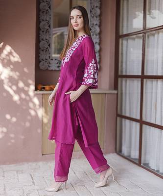 magenta embroidered mul chanderi straight suit set for festive wear 4