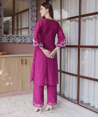magenta embroidered mul chanderi straight suit set for festive wear 5
