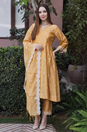 Mustard yellow embroidered chanderi straight suit set
