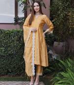 Mustard yellow embroidered chanderi straight suit set