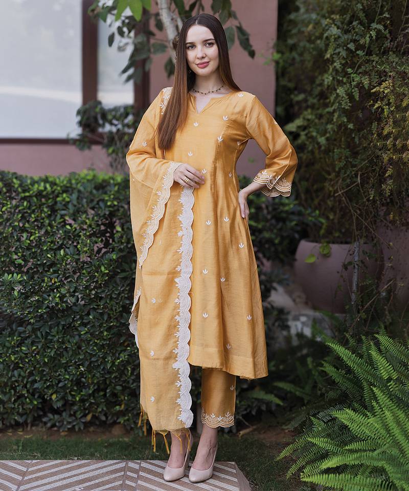 Mustard yellow embroidered chanderi straight suit set