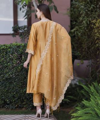 mustard yellow chanderi straight suit set with fine embroidery
 2