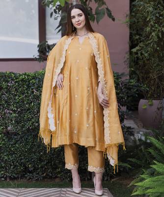 mustard yellow chanderi straight suit set with fine embroidery
 3