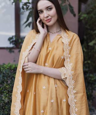 mustard yellow chanderi straight suit set with fine embroidery
 4