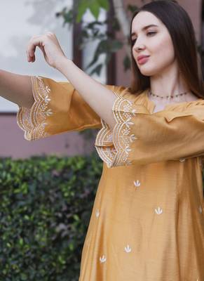 mustard yellow chanderi straight suit set with fine embroidery
 5