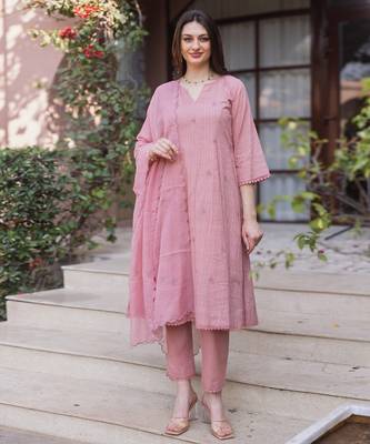 pink cotton straight suit set with subtle embroidery 1