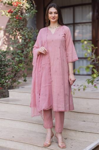 Pink embroidered cotton straight suit set
