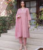 Pink embroidered cotton straight suit set