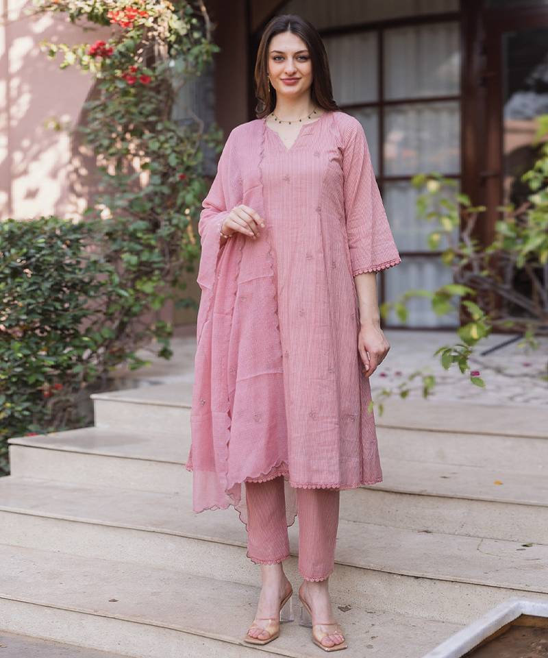 Pink embroidered cotton straight suit set