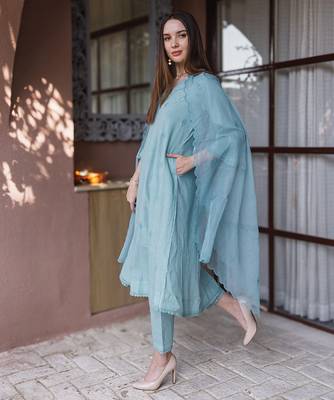 blue cotton straight suit set with subtle embroidery
 2