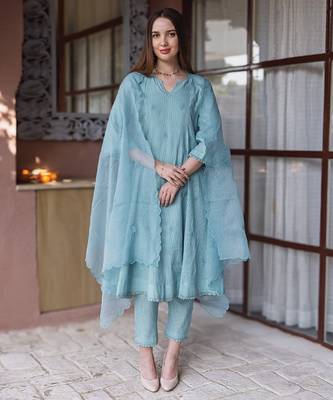 blue cotton straight suit set with subtle embroidery
 1