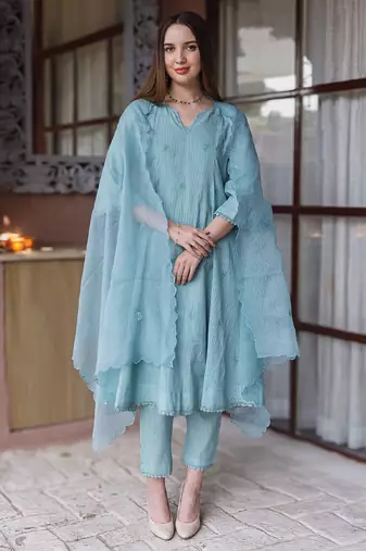Blue embroidered cotton straight suit set