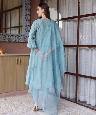 blue cotton straight suit set with subtle embroidery
 4