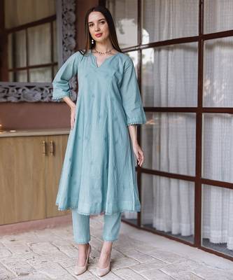 blue cotton straight suit set with subtle embroidery
 5