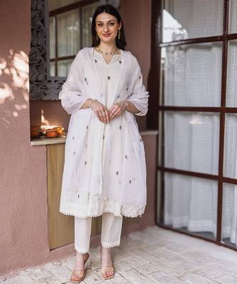 off white cotton straight suit set with subtle embroidery 1