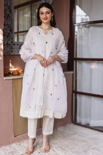 Off white embroidered cotton straight suit set