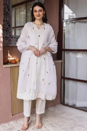 Off white embroidered cotton straight suit set