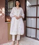 Off white embroidered cotton straight suit set
