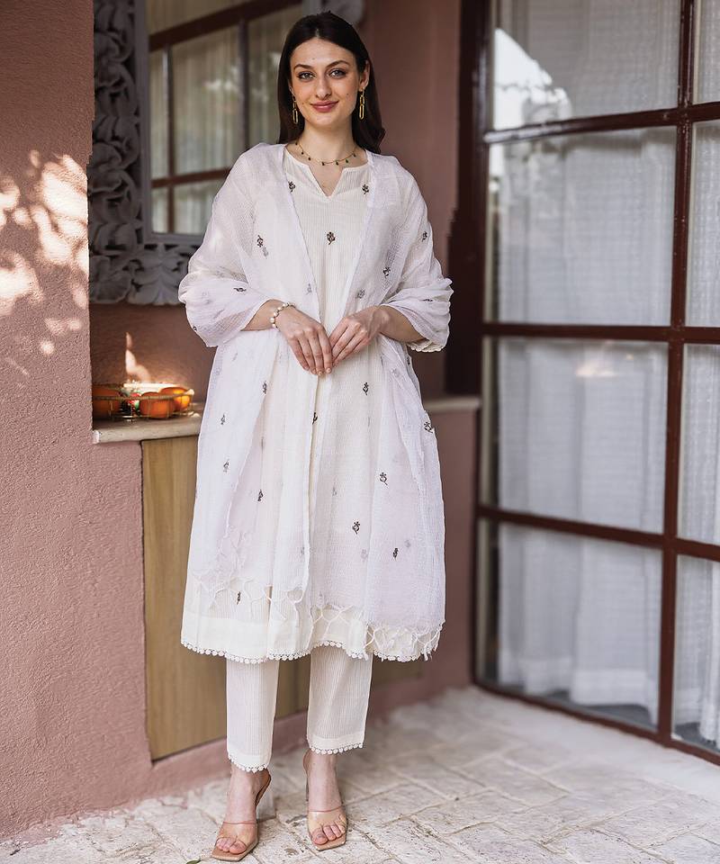 Off white embroidered cotton straight suit set