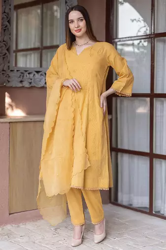 Mustard yellow embroidered cotton straight suit set