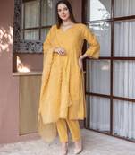 Mustard yellow embroidered cotton straight suit set
