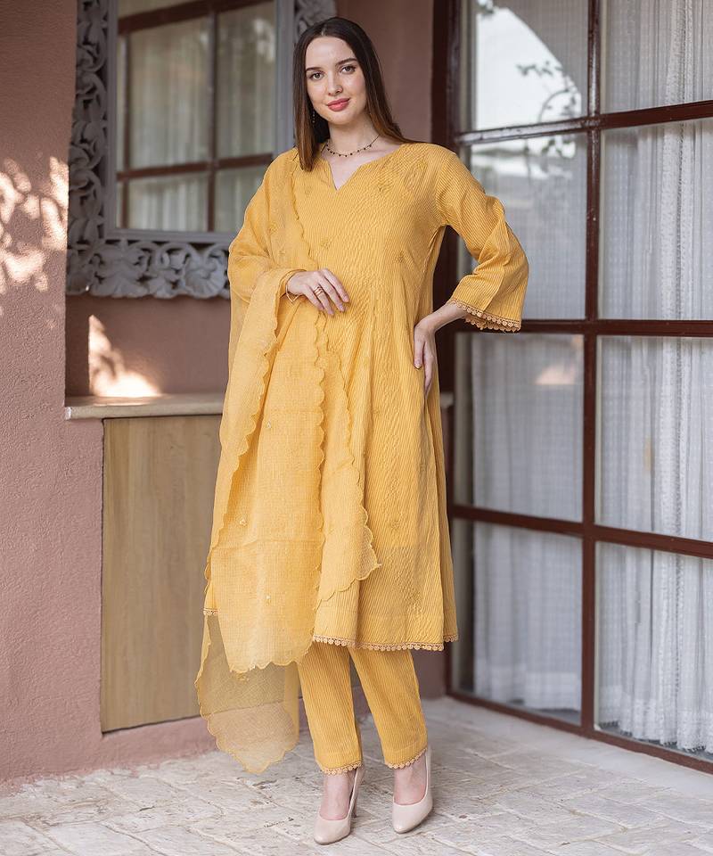 Mustard yellow embroidered cotton straight suit set
