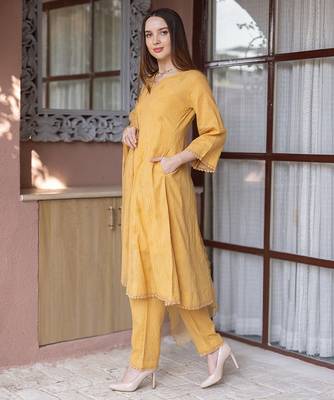 mustard yellow cotton straight suit set with subtle embroidery 2