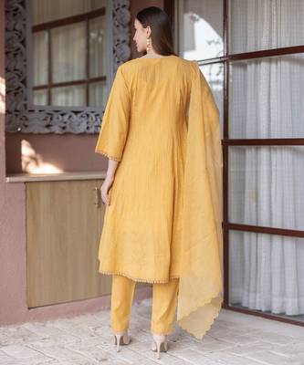 mustard yellow cotton straight suit set with subtle embroidery 3