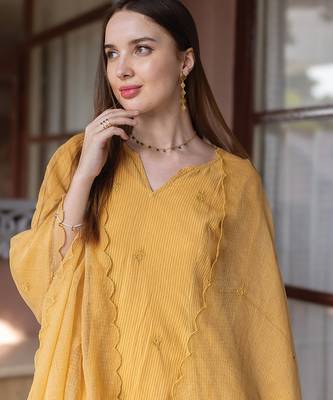 mustard yellow cotton straight suit set with subtle embroidery 4