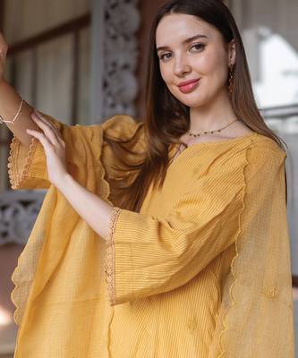 mustard yellow cotton straight suit set with subtle embroidery 5