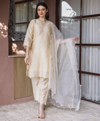 women’s champagne gold chanderi suit set with elegant embroidery 1