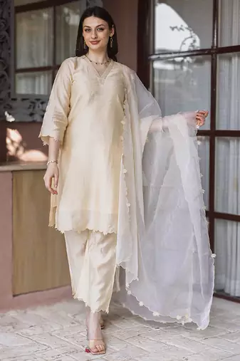 Champagne gold embroidered chanderi straight suit set