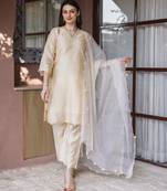 Champagne gold embroidered chanderi straight suit set