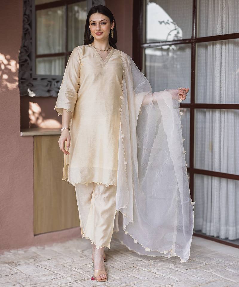Champagne gold embroidered chanderi straight suit set
