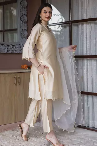 women’s champagne gold chanderi suit set with elegant embroidery