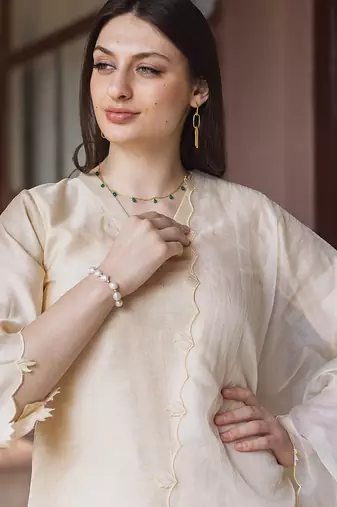 women’s champagne gold chanderi suit set with elegant embroidery