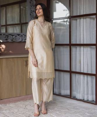 women’s champagne gold chanderi suit set with elegant embroidery 5