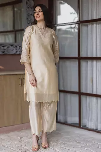 women’s champagne gold chanderi suit set with elegant embroidery