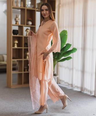 women’s peach chanderi suit set with elegant embroidery 2
