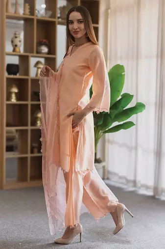 women’s peach chanderi suit set with elegant embroidery