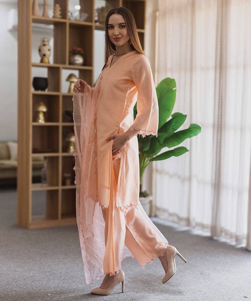 Peach embroidered chanderi straight suit set