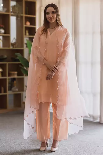 women’s peach chanderi suit set with elegant embroidery